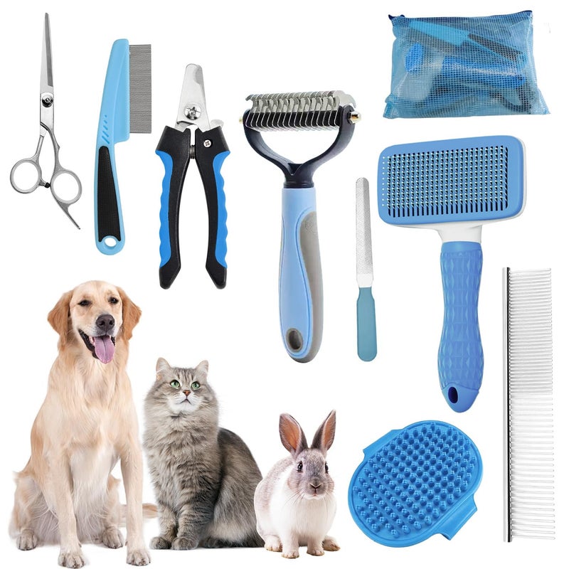 KUEIOX Dog Brush for Shedding,9 PCS in One Pet Slicker Hair Brush Kit with Pet Nail Clipper and File - Dog Cat Grooming Deshedding Undercoat Rake Brush Comb for All Small Large Dogs Cats Blue - Image 1